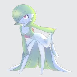 Rule 34 | 1girl, arm up, bent over, blush, blushpumpkin, breasts, cleavage, clothes lift, collarbone, creatures (company), dress, dress lift, full body, game freak, gardevoir, gen 3 pokemon, green hair, grey background, hair over one eye, highres, leaning forward, legs apart, lifting own clothes, looking up, medium breasts, nintendo, pokemon, pokemon (creature), pokemon rse, red eyes, short hair, simple background, smile, solo, standing