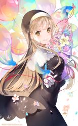 Rule 34 | 1girl, animal, balloon, beak hold, bird, black dress, blonde hair, blush, bouquet, breasts, brown eyes, capelet, cowboy shot, dress, flower, from side, gloves, habit, highres, holding, holding bouquet, lace trim, large breasts, long hair, long sleeves, looking at viewer, miwano rag, mouth hold, nijisanji, nun, petals, reaching, reaching towards viewer, sister claire, sister claire (1st costume), smile, solo, string, string of fate, traditional nun, virtual youtuber, white gloves, yellow eyes