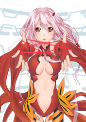 Rule 34 | 10s, 1girl, bare shoulders, black thighhighs, breasts, cat&#039;s cradle, center opening, cleavage, detached sleeves, elbow gloves, fingerless gloves, gloves, guilty crown, hair ornament, hairclip, highres, kai (link2262), long hair, looking at viewer, navel, outstretched arms, pink hair, red eyes, smile, solo, thighhighs, twintails, yuzuriha inori