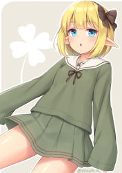 Rule 34 | 1girl, blonde hair, blue eyes, blush, bow, brown bow, clover, commentary, elf, four-leaf clover, green shirt, green skirt, hair bow, long sleeves, looking at viewer, medium hair, miniskirt, original, outline, parted lips, pleated skirt, pointy ears, sasaame, shirt, skirt, sleeves past fingers, sleeves past wrists, solo, twitter username, white outline