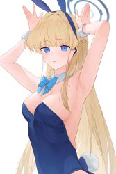 Rule 34 | 1girl, absurdres, animal ears, blonde hair, blue archive, blue bow, blue bowtie, blue eyes, blue hair, blue leotard, blush, bow, bowtie, breasts, detached collar, fake animal ears, highres, leotard, long hair, medium breasts, multicolored hair, official alternate costume, open mouth, rabbit ears, rabbit pose, rabbit tail, randouworks, simple background, solo, strapless, strapless leotard, streaked hair, tail, toki (blue archive), toki (bunny) (blue archive), upper body, white background