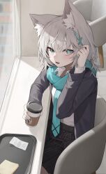 Rule 34 | 1girl, absurdres, animal ear fluff, animal ears, black jacket, black skirt, blue archive, blue eyes, blue necktie, blue scarf, blush, coffee cup, cross hair ornament, cup, disposable cup, extra ears, grey hair, hair ornament, highres, holding, holding cup, indoors, jacket, long sleeves, looking at viewer, medium hair, mismatched pupils, mokew, necktie, open clothes, open jacket, open mouth, pleated skirt, scarf, shiroko (blue archive), shirt, skirt, solo, white shirt, wolf ears