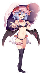 Rule 34 | 1girl, bare shoulders, bat wings, bikini, black bikini, black thighhighs, black wings, blue hair, bow, breasts, bridal garter, cleavage, commentary request, detached collar, fang, flower, full body, groin, hat, hat flower, hat ribbon, highres, holding, holding umbrella, looking at viewer, maturiuta sorato, mob cap, navel, no shoes, outstretched arm, pink hat, pointy ears, red bow, red eyes, red flower, remilia scarlet, ribbon, simple background, small breasts, solo, standing, stomach, swimsuit, thigh gap, thighhighs, touhou, umbrella, white background, wings, wrist cuffs