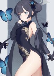 Rule 34 | 1girl, absurdres, armpit crease, black dress, black gloves, blue archive, blue butterfly, breasts, bug, butterfly, butterfly hair ornament, china dress, chinese clothes, coat, double bun, dress, from side, gloves, hair bun, hair ornament, halo, hand up, highres, holding, insect, kisaki (blue archive), long hair, looking at viewer, looking to the side, off shoulder, side slit, single bare shoulder, small breasts, solo, thighs, trench coat, twintails, very long hair, wxyl