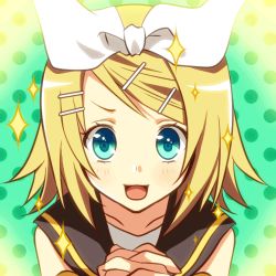Rule 34 | 1girl, animated, animated gif, blonde hair, blue eyes, hair ornament, hair ribbon, hairclip, kagamine rin, lowres, open mouth, own hands clasped, own hands together, portrait, ribbon, short hair, solo, vocaloid