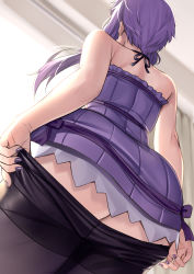 Rule 34 | 1girl, absurdres, ass, bare arms, bare shoulders, black pantyhose, clothes pull, dress, from behind, from below, highres, indoors, nail polish, no panties, pantyhose, pantyhose pull, purple dress, purple hair, short dress, short hair with long locks, sidelocks, solo, tenneko yuuri, thighband pantyhose, undressing, voiceroid, yuzuki yukari