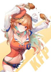 Rule 34 | 1girl, armpits, arms up, blunt bangs, breasts, chef hat, chicken (food), chicken leg, chocofox, choker, cleavage, closed mouth, commentary request, detached sleeves, food, green choker, green hair, green ribbon, hat, highres, holding, holding food, hololive, hololive english, large breasts, long hair, looking at viewer, midriff, multicolored hair, navel, orange hair, red hat, ribbon, ribbon choker, smile, solo, takanashi kiara, takanashi kiara (1st costume), thighhighs, thighs, two-tone hair, virtual youtuber, white hat, white thighhighs