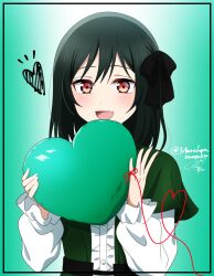 Rule 34 | 1girl, black ribbon, blush, center frills, commentary request, fang, frilled sleeves, frills, green hair, green jacket, hair ribbon, heart, heart-shaped pillow, highres, holding, holding pillow, jacket, koufukuron (love live!), long sleeves, looking at viewer, love live!, love live! nijigasaki high school idol club, mifune shioriko, open mouth, pillow, red eyes, ribbon, ric. (marchen mozuku), shirt, short hair, signature, solo, string, string of fate, twitter username, upper body, white shirt