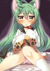 Rule 34 | ahoge, akashi (azur lane), animal ears, azur lane, batten, bed sheet, bell, black bow, blush, bow, cat ears, chestnut mouth, collarbone, dress, green hair, hair between eyes, hair bow, hair ornament, highres, jingle bell, long hair, long sleeves, looking at viewer, nose blush, open mouth, panties, pink panties, red bow, sailor dress, shiny skin, sitting, solo, striped clothes, striped panties, underwear, very long hair, white dress, wide sleeves, yellow eyes
