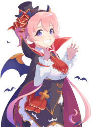Rule 34 | 1girl, bat (animal), black hat, breasts, from side, hair between eyes, hair ornament, halloween, hat, highres, horns, large breasts, looking at viewer, open mouth, pink hair, princess connect!, purple eyes, shimon (31426784), simple background, solo, tsumugi (halloween) (princess connect!), tsumugi (princess connect!), white background