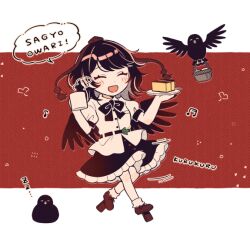 Rule 34 | 1girl, animal, beamed sixteenth notes, bird, bird wings, black hair, black skirt, black wings, blush, closed eyes, collared shirt, crow, cup, eighth note, feathered wings, food, frilled skirt, frills, full body, geta, hat, holding, holding cup, holding plate, mozukuzu (manukedori), musical note, open mouth, plate, puffy short sleeves, puffy sleeves, red footwear, red hat, shameimaru aya, shirt, short hair, short sleeves, skirt, smile, socks, solo, tengu-geta, tokin hat, touhou, wagashi, white shirt, white socks, wings, youkan (food)