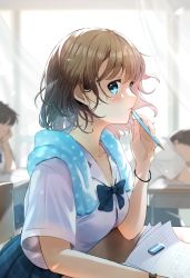 Rule 34 | 1girl, blue bow, blue bowtie, blue eyes, blue skirt, blue towel, blurry, blurry background, blush, bow, bowtie, bracelet, breasts, brown hair, classroom, commentary request, desk, eraser, faceless, highres, holding, holding pen, indoors, jewelry, light smile, looking at viewer, medium breasts, original, paper, pen, pleated skirt, shirt, short hair, short sleeves, skirt, solo, towel, towel around neck, watch, wavy hair, white shirt, wristwatch, yukimaru nun