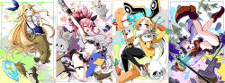 Rule 34 | 4girls, animal ears, animal slippers, arm up, bird, black bra, black pantyhose, blue ribbon, blue vest, boots, bra, bracelet, breasts, bright pupils, brown footwear, brown skirt, bunny slippers, carrot, coat, crystal, cup, disgaea, dual wielding, earmuffs, flower, fur trim, gloves, glowing, gun, hair between eyes, hair ornament, hanimitsu (bisko), heart, highres, holding, holding gun, holding plate, holding spoon, holding weapon, jewelry, kine, liezerota (disgaea), lion tail, long hair, looking at viewer, looking back, lower teeth only, lucky board (disgaea), magic, majorita (disgaea), makai senki disgaea 5, mallet, microskirt, midriff, miniskirt, multiple girls, nail polish, navel, one eye closed, open mouth, orange eyes, pantyhose, parted lips, penguin, petals, photo (object), pink hair, plate, pointy ears, ponytail, prinny, purple eyes, purple hair, rabbit, rabbit ears, rabbit girl, red eyes, ribbon, scarf, seraphina (disgaea), shirt, skirt, skull hair ornament, slippers, smile, socks, spoon, staff, striped clothes, striped socks, tail, tea, teacup, teapot, teeth, thigh strap, tombstone, twintails, underwear, upper teeth only, usalia (disgaea), very long hair, vest, weapon, white footwear, white pupils, white scarf, white shirt, yellow flower, zombie, zombie (disgaea)