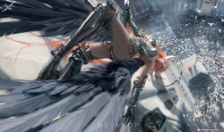 Rule 34 | 1girl, armor, armpits, artist name, breasts, closed mouth, commentary request, elbow gloves, ghostblade, gloves, highres, holding, jewelry, long hair, looking away, lying, medium breasts, armored boots, metal gloves, on back, orange hair, patreon username, ring, solo, very long hair, wlop