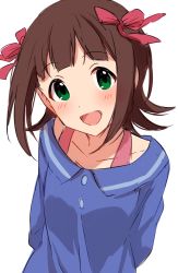 Rule 34 | 1girl, amami haruka, arms behind back, blue sweater, blunt bangs, blush, brown hair, collarbone, commentary request, green eyes, hair ribbon, highres, idolmaster, idolmaster (classic), long sleeves, looking at viewer, open mouth, ribbon, sekina, short hair, simple background, sketch, smile, solo, sweater, upper body, white background
