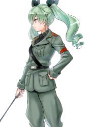 Rule 34 | 1girl, absurdres, anchovy (girls und panzer), anzio military uniform, belt, black belt, black necktie, black ribbon, black shirt, closed mouth, commentary, cowboy shot, dress shirt, drill hair, girls und panzer, green hair, grey jacket, grey pants, hair ribbon, hand on own hip, highres, holding, holding riding crop, jacket, jodhpurs, kuppipi ramutarou, long hair, long sleeves, looking to the side, military, military uniform, necktie, pants, red eyes, ribbon, riding crop, sam browne belt, shirt, simple background, smile, solo, standing, twin drills, twintails, uniform, white background