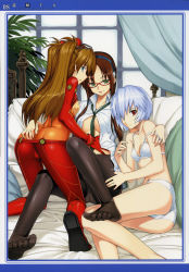 Rule 34 | 00s, 3girls, ass, ass grab, ayanami rei, blue eyes, blue hair, blush, bodysuit, bra, breasts, brown hair, butt crack, crotch seam, evangelion: 2.0 you can (not) advance, feet, girl sandwich, glasses, hairband, highres, legs, lingerie, long hair, makinami mari illustrious, medium breasts, multicolored clothes, multiple girls, namonashi, necktie, neon genesis evangelion, open clothes, open shirt, panties, panties under pantyhose, pantyhose, pimp, plaid, plaid skirt, plugsuit, rebuild of evangelion, red eyes, sandwiched, school uniform, shirt, short hair, skirt, small breasts, smile, souryuu asuka langley, test plugsuit, toes, tongue, twintails, underwear, underwear only, yuri