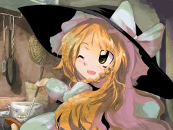 Rule 34 | 1girl, ;d, blonde hair, braid, cooking, female focus, from behind, hat, indoors, kirisame marisa, ladle, looking up, neki-t, one eye closed, open mouth, parted lips, pot, single braid, smile, solo, steam, tareme, touhou, upper body, wink, witch hat