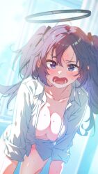 Rule 34 | 1girl, blue archive, blush, breasts, cleavage, collarbone, collared shirt, halo, highres, itsk ne, large breasts, long hair, looking at viewer, mechanical halo, open mouth, purple eyes, purple hair, shirt, sleeves rolled up, solo, sweat, two side up, white shirt, yuuka (blue archive)