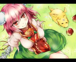 Rule 34 | 1girl, apple, arm support, bandaged arm, breasts, bun cover, double bun, flower, food, fruit, grass, green skirt, ibaraki kasen, large breasts, crossed legs, looking at viewer, looking up, md5 mismatch, outdoors, pink eyes, pink hair, puffy short sleeves, puffy sleeves, rose, sanagi (diohazard), short hair, short sleeves, sitting, skirt, skirt set, smile, tabard, touhou, turtleneck