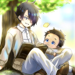 Rule 34 | 2boys, black hair, blue eyes, book, brown footwear, bug, butterfly, cardigan, collared shirt, highres, insect, male focus, multiple boys, open book, open cardigan, open clothes, pants, parted lips, phil (yakusoku no neverland), r1014-chopper, ray (yakusoku no neverland), reading, shirt, smile, tree, white pants, white shirt, yakusoku no neverland, yellow butterfly