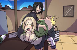 Rule 34 | 2girls, ass, axel-rosered, bent over, black hair, blonde hair, breast press, breasts, cleavage, clothes pull, desk, feet, female focus, forehead jewel, huge breasts, japanese clothes, kimono, medium hair, multiple girls, naruto, naruto (series), pants, pants pull, shizune (naruto), spanked, spanking, thick thighs, thighs, tsunade (naruto), wide hips