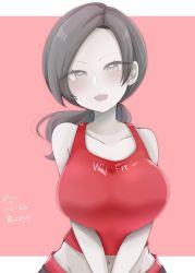 Rule 34 | 1girl, bare shoulders, black hair, blush, breasts, capri pants, chiji komari, collarbone, colored skin, commentary, grey eyes, groin, highres, large breasts, long hair, looking at viewer, midriff, navel, nintendo, open mouth, pants, pink background, ponytail, simple background, sleeveless, smile, solo, super smash bros., tank top, upper body, white skin, wii fit, wii fit trainer, wii fit trainer (female)