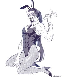 Rule 34 | 1boy, alternate costume, animal ears, bare pectorals, blush, covered abs, crossdressing, detached collar, fake animal ears, foxvulpine, full body, high heels, jabra (one piece), leotard, long hair, looking at viewer, male focus, male playboy bunny, monochrome, necktie, one piece, pantyhose, pectorals, ponytail, rabbit ears, rabbit tail, scar, scar across eye, scar on face, short necktie, smile, solo, tail, thighs, toned, toned male, wrist cuffs