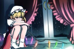 Rule 34 | 1girl, back bow, blonde hair, bobby socks, bow, covered mouth, flandre scarlet, frilled skirt, frilled sleeves, frills, full body, glowing, glowing wings, hat, hat ribbon, indoors, juuni 05, knees up, medium hair, mob cap, multicolored wings, night, no shoes, puffy short sleeves, puffy sleeves, rain, red curtains, red eyes, red ribbon, red skirt, red vest, ribbon, ribbon-trimmed headwear, ribbon trim, shirt, short sleeves, skirt, socks, solo, touhou, vest, white bow, white headwear, white shirt, window, windowsill, wings