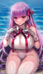 Rule 34 | 1girl, absurdres, bad id, bad twitter id, bb (fate), bb (fate/extra), blush, breasts, covered navel, fate/extra, fate/extra ccc, fate (series), gloves, hair ribbon, highres, large breasts, leotard, long hair, looking at viewer, nano (syoutamho), neck ribbon, purple eyes, purple hair, red ribbon, ribbon, smile, solo, thighs, tongue, tongue out, very long hair, wet, white gloves, white leotard