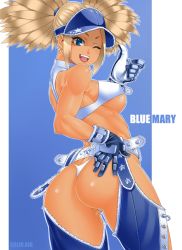 Rule 34 | 1girl, alternate costume, alternate hairstyle, ass, belt, blonde hair, blue eyes, blue mary, breasts, chaps, curvy, covered erect nipples, fatal fury, from behind, gloves, huge ass, huge breasts, kof: maximum impact, large breasts, looking back, maximum impact ii, one eye closed, panties, short hair, smile, snk, solo, tan, the king of fighters, thong, thumbs up, twintails, underboob, underwear, visor, visor cap, wink, zonda (solid air)