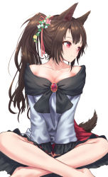 Rule 34 | 1girl, alternate hairstyle, animal ears, bare shoulders, barefoot, blush, breasts, brooch, brown hair, cleavage, collarbone, commentary request, dress, feet out of frame, flower, hair flower, hair ornament, hair ribbon, highres, imaizumi kagerou, indian style, jewelry, long hair, long sleeves, looking to the side, medium breasts, multicolored clothes, multicolored dress, off-shoulder dress, off shoulder, pink flower, pink ribbon, ponytail, red dress, red eyes, ribbon, ribbon-trimmed sleeves, ribbon trim, roke (taikodon), sidelocks, simple background, sitting, smile, solo, tail, touhou, white background, white dress, white flower, wide sleeves, wolf ears, wolf tail, yellow flower