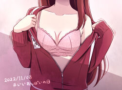 Rule 34 | 1girl, akihitohappy, bare shoulders, bra, breasts, cleavage, collarbone, dated, jacket, japanese text, long hair, love live!, love live! sunshine!!, open clothes, open jacket, pink bra, pulling own clothes, purple hair, sakurauchi riko, simple background, small breasts, solo, underwear, undressing, unzipped, upper body, zipper, zipper pull tab