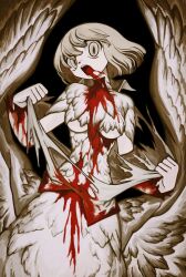 Rule 34 | 1girl, absurdres, black background, blood, blood from mouth, blood on body, blood on clothes, blunt bangs, breasts, chimera, commentary, dragon girl, dungeon meshi, falin touden, falin touden (chimera), feathered wings, feathers, highres, light brown hair, looking at viewer, medium breasts, medium hair, mime 404, open mouth, shirt, slit pupils, slit throat, solo, spoilers, taur, tearing clothes, torn clothes, upper body, white shirt, wings