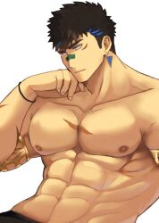 Rule 34 | 1boy, abs, armlet, bandaid, bandaid on face, bandaid on nose, bara, black hair, blue hair, brown eyes, closed mouth, crave saga, earrings, facial scar, gae bolg (crave saga), head rest, jewelry, looking ahead, male focus, multicolored hair, muscular, muscular male, nattukre, nipples, scar, scar on cheek, scar on chest, scar on face, short hair, simple background, solo, streaked hair, topless male, two-tone hair, upper body, white background