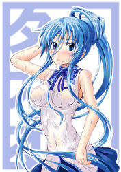 Rule 34 | 10s, 1girl, aoki hagane no arpeggio, arm behind head, blue eyes, blue hair, blush, breasts, framed, ichimi, large breasts, long hair, looking at viewer, matching hair/eyes, mole, mole under mouth, outside border, ponytail, shirt, skirt, sleeveless, sleeveless shirt, solo, takao (aoki hagane no arpeggio), very long hair, wet, wet clothes, wet shirt