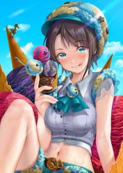 1girl, :p, alternate costume, arm support, ascot, asymmetrical bangs, asymmetrical hair, bangs, blue eyes, blue sky, blush, breasts, brown hair, commentary request, eyebrows visible through hair, feet out of frame, food, grey shirt, headwear, highres, holding, holding food, hololive, ice cream, ice cream cone, knee up, large breasts, leaning back, licking, licking lips, light rays, looking at viewer, midriff, navel, oozora subaru, see-through sleeves, shadow, shiny, shiny hair, shirt, short shorts, short sleeves, shorts, sky, solo, subaru duck, sweat, tongue, tongue out, tovi illust, triple scoop, virtual youtuber, waffle cone