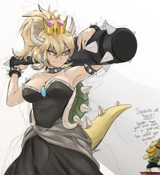 Rule 34 | 2girls, animal crossing, animal ears, arm up, armlet, armpits, artist name, bare shoulders, black dress, blonde hair, blue eyes, blue skirt, bowsette, bracelet, breasts, closed mouth, club (weapon), collar, collarbone, crossover, crown, dog ears, dog girl, dog tail, dress, english text, fang, female focus, furry, furry female, giant, giantess, green vest, grey background, hair between eyes, hair tie, hand up, highres, holding, holding weapon, horns, isabelle (animal crossing), jewelry, large breasts, looking at another, looking down, mario (series), multiple girls, ncmares, new super mario bros. u deluxe, nintendo, plaid, plaid vest, ponytail, shirt, short hair, short sleeves, signature, simple background, size difference, skirt, solo focus, spiked bracelet, spiked collar, spiked shell, spikes, standing, strapless, strapless dress, super crown, tail, talking, topknot, turtle shell, vest, weapon, white shirt