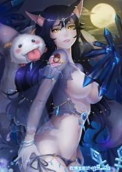 Rule 34 | 1girl, absurdres, adjusting clothes, adjusting panties, ahri (league of legends), alternate costume, animal ears, black hair, breasts, convenient censoring, destincelly, fox ears, fox tail, from side, full moon, groin, highres, jewelry, large breasts, league of legends, lips, long hair, looking at viewer, moon, navel, night, night sky, nipples, panties, parted lips, poro (league of legends), see-through, side-tie panties, sideboob, sky, tail, torn clothes, underwear, ward (league of legends), wavy hair, wukong (league of legends), yellow eyes