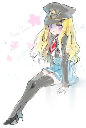 Rule 34 | 1girl, black hat, black jacket, black thighhighs, blonde hair, blue skirt, commentary request, cropped jacket, elin, emily (pure dream), hat, high heels, highres, jacket, legs, long hair, mary janes, necktie, no animal ears, rabbit tail, red necktie, shaded face, shirt, shoes, sitting, sketch, skirt, solo, tail, tera online, thighhighs, wavy hair, white background, white shirt, yellow eyes