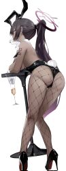 Rule 34 | 1girl, arm tattoo, ass, bare shoulders, black hair, black leotard, blue archive, breasts, champagne flute, corrupted twitter file, cup, dark-skinned female, dark skin, dleung, drinking glass, fishnet pantyhose, fishnets, from behind, full body, gloves, halo, head rest, highres, holding, holding cup, karin (blue archive), karin (bunny) (blue archive), large breasts, leaning on table, leotard, long hair, looking at viewer, looking back, official alternate costume, official alternate hairstyle, pantyhose, ponytail, purple halo, rabbit tail, simple background, solo, strapless, strapless leotard, tail, tattoo, thick thighs, thighs, very long hair, white background, white gloves