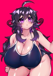 Rule 34 | 1girl, absurdres, ahoge, blush, breasts, cleavage, collarbone, commentary, crawling dreams, curly hair, curvy, english commentary, eyebrows, highres, huge breasts, long hair, merryweather, messy hair, nyarla (osiimi), one-piece swimsuit, open mouth, osiimi, parted lips, pink background, purple eyes, purple hair, sidelocks, solo, swimsuit, thick thighs, thighs