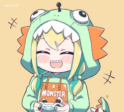 Rule 34 | 1girl, amano pikamee, blonde hair, blush stickers, chibi, controller, dinosaur hood, green hair, green hoodie, green nails, holding, holding controller, hood, hoodie, kukie-nyan, low twintails, multicolored hair, nail polish, official alternate costume, open mouth, orange background, sharp teeth, simple background, solo, teeth, twintails, twitter username, virtual youtuber, voms