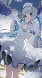 Rule 34 | 1girl, absurdres, amane kanata, amane kanata (nurse), apron, arm up, armband, bandaged arm, bandages, blue hair, blue sky, blush, cloud, collarbone, commentary request, day, dress, feathered wings, feet out of frame, frilled apron, frills, gloves, goback, grey hair, hair ornament, hat, highres, holding, holding syringe, hololive, looking at viewer, multicolored hair, nurse, nurse cap, parted lips, puffy short sleeves, puffy sleeves, purple eyes, short sleeves, sky, solo, standing, syringe, twintails, two-tone hair, virtual youtuber, white apron, white dress, white gloves, white hat, white wings, wings, x hair ornament