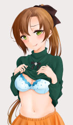 Rule 34 | 1girl, :p, akigumo (kancolle), black bow, bow, bra, breasts, breasts apart, brown hair, cleavage, clothes lift, eyelashes, green eyes, green sweater, grey background, hair bow, hands on own chest, head tilt, highres, kantai collection, lifted by self, long hair, long sleeves, looking at viewer, medium breasts, mole, mole under eye, navel, orange skirt, parted bangs, ponytail, simple background, skirt, smile, solo, stomach, sweat, sweater, sweater lift, tongue, tongue out, umino haruka (harukaumino6), underwear, upper body, very long hair, white background, white bra