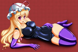 Rule 34 | 1girl, bad id, bad pixiv id, blonde hair, breasts, covered erect nipples, elbow gloves, female focus, gloves, hair ribbon, hat, highres, large breasts, legs, long hair, lying, one-piece swimsuit, open mouth, purple eyes, purple thighhighs, ribbon, school swimsuit, shiny clothes, simple background, skin tight, smile, solo, swimsuit, tera hiroshi, thighhighs, thighs, touhou, yakumo yukari