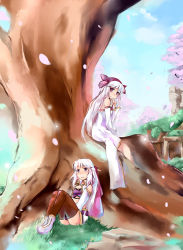 Rule 34 | 2girls, bad id, bad pixiv id, cherry blossoms, hair ribbon, highres, in tree, iris (latale), kgr, latale, long hair, multiple girls, petals, pink eyes, ribbon, sitting, sitting in tree, smile, thighhighs, tree, white hair