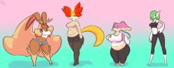 Rule 34 | 4girls, absurdres, animal ears, animal hands, armpits, audino, black eyes, black pants, blue background, blue eyes, blue shorts, breasts, cleavage, colored sclera, creatures (company), crop top, delphox, feet, female focus, fox ears, fox tail, full body, furry, furry female, game freak, gardevoir, gen 3 pokemon, gen 4 pokemon, gen 5 pokemon, gen 6 pokemon, gradient background, green hair, hair over one eye, half-closed eyes, hand on own chest, hand on own hip, hand up, hands up, highres, immortalstar, large breasts, looking at viewer, looking up, lopunny, medium breasts, micro shorts, multiple girls, navel, nintendo, pants, pink background, plump, pokemon, pokemon (creature), pokemon bw, pokemon dppt, pokemon rse, pokemon xy, rabbit ears, red eyes, red sclera, shirt, short hair, short shorts, shorts, signature, simple background, sleeveless, sleeveless shirt, standing, sweater, tail, tank top, text focus, thick thighs, thighs, turtleneck, turtleneck sweater, watermark, white shirt, wide hips