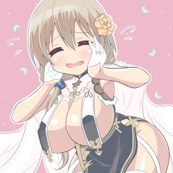 Rule 34 | 1girl, ^ ^, azur lane, blush, breast curtains, breasts, brown hair, cape, closed eyes, cosplay, crescent, embarrassed, closed eyes, flower, hair flower, hair ornament, hands on own cheeks, hands on own face, huge breasts, jewelry, long hair, low ponytail, mature female, open mouth, ring, sirius (azur lane), sirius (azur lane) (cosplay), sirius (azure horizons) (azur lane), sisachi, smile, solo, uzaki-chan wa asobitai!, uzaki tsuki, wedding band