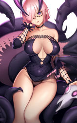 Rule 34 | 1girl, bare shoulders, black dress, breasts, choker, cleavage, collarbone, cosplay, detached sleeves, dress, dydydyok, fate/grand order, fate (series), glasses, hair over one eye, highres, horns, jacques de molay (foreigner) (fate), jacques de molay (foreigner) (fate) (cosplay), jacques de molay (foreigner) (third ascension) (fate), large breasts, light purple hair, looking at viewer, mash kyrielight, open mouth, purple eyes, revision, short dress, short hair, solo, tentacles, thighs